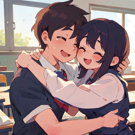 small breasts, curvy, duo,
girl and boy, 2 people, hug, 1girl, 1boy, school uniform,
smile, tearing up,
masterpiece, detailed, high quality, absurdres,
classroom,