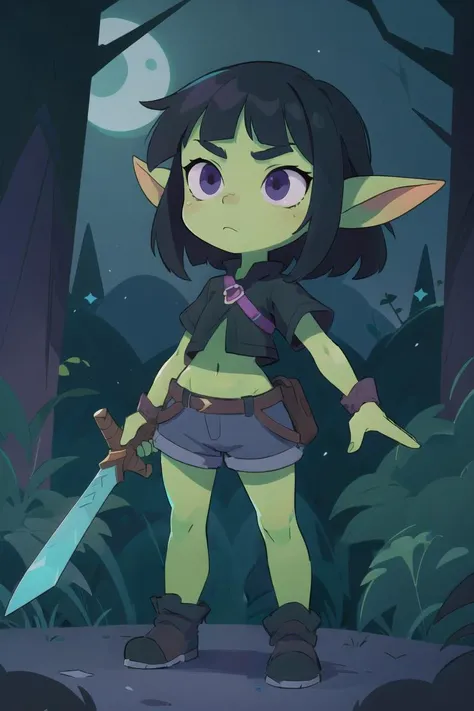 (masterpiece), perfect face, a goblin girl with a hammer, pointy large ears, frown, red eyes, black hair, ponytail, forehead, ((green skin tone)), serious, (brown sleeveless dress), looking at viewer, (face close up shot), leaning, forest scenery, ((shot from below)), looking down