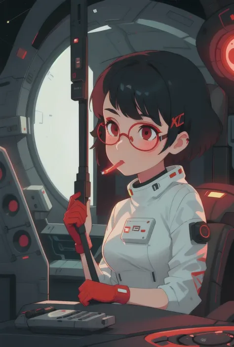 girl smoking white top cyberpunk glasses, short hair, latex, space, inside spaceship, red, black, control board, moon, masterpiece