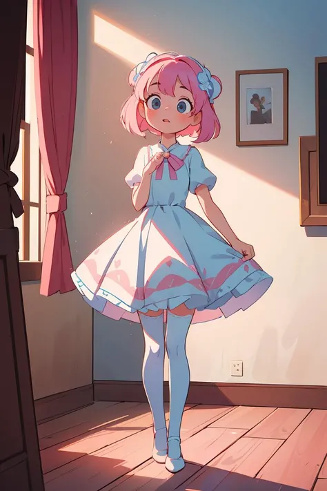 (masterpiece, best quality), 1girl, blue and white frill dress, (white stockings), pink hair, cute face, standing, indoor, intricate detail, sunlight,