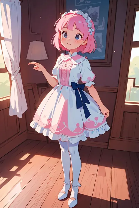 (masterpiece, best quality), 1girl, blue and white frill dress, (white stockings), pink hair, cute face, standing, indoor, intricate detail, sunlight,