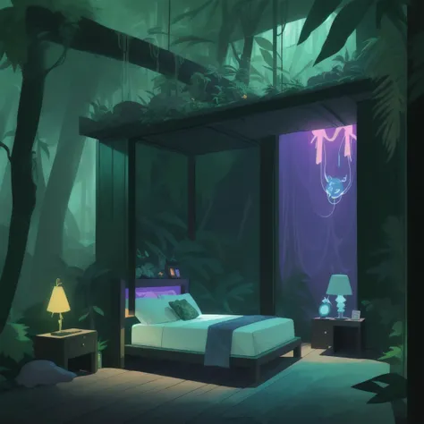 Luxury bedroom in the middle of the jungle, cool plank wood, neat aesthetics, Pensive lighting, modernistic colors, neon Lighting, mystical jungle, optical illusion, spiritual mist
, ergonomically innovative bed, spacious and beautiful, vivacious, colorful
