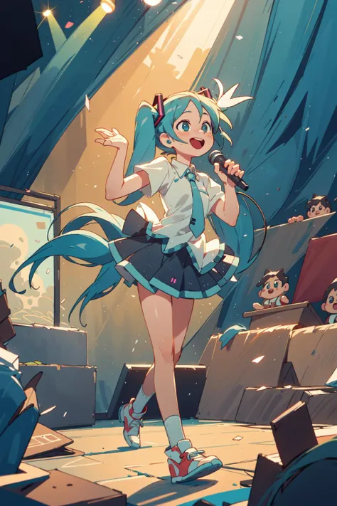 best quality, masterpiece, hatsune miku, singing, stage, spotlight, happy