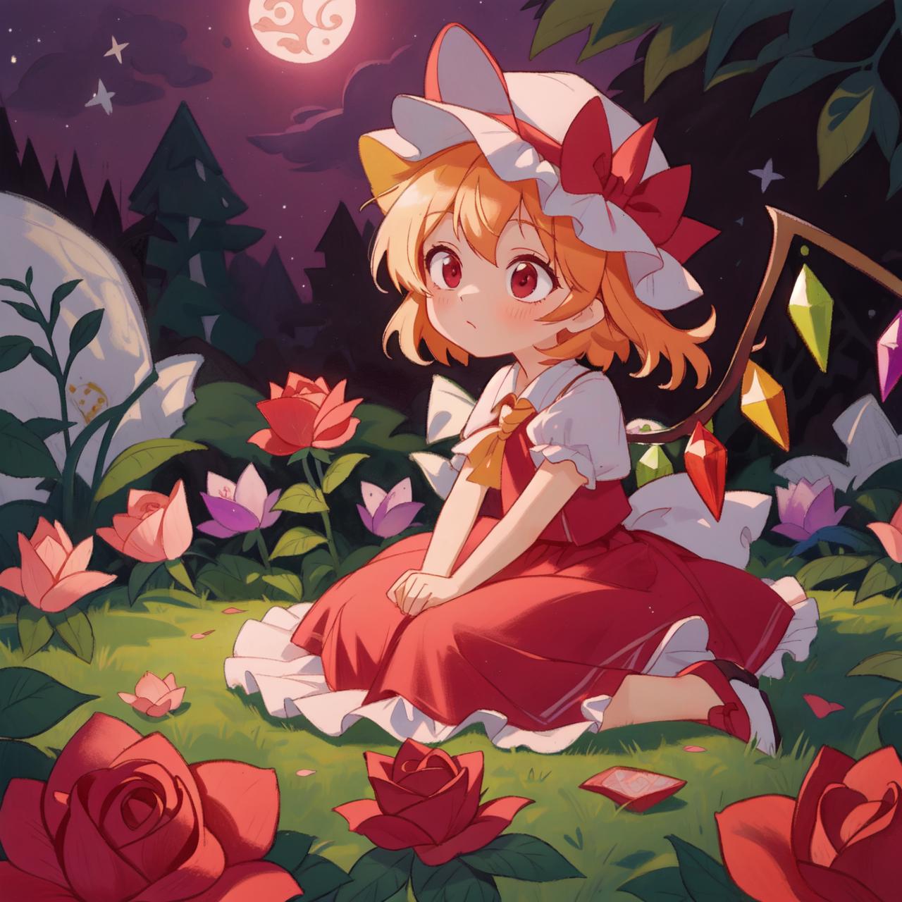 Anime girl sitting in a field of flowers with a full moon in the ...