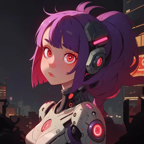 1girl, cyborg, solo, cyberpunk, purple hair, glowing red eyes, big city, ryohei hase