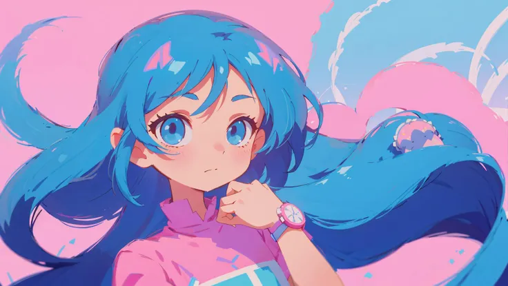 a girl with long hair and a watch on her wrist looking at the camera with a pink background and a blue sky, Constant, vaporwave colors, a character portrait, synchromism