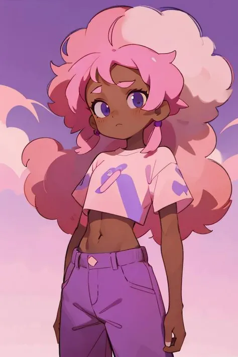 a woman with afro hair and a white shirt is standing in front of a purple sky with clouds and a pink hair, upperbody, midriff, Brom, flat colors, a character portrait, digital art, dark-skinned_female, dark_skin, navel_piercing, off_shoulder, pink_hair, stunishing_background, purple_background, sky, long_hair