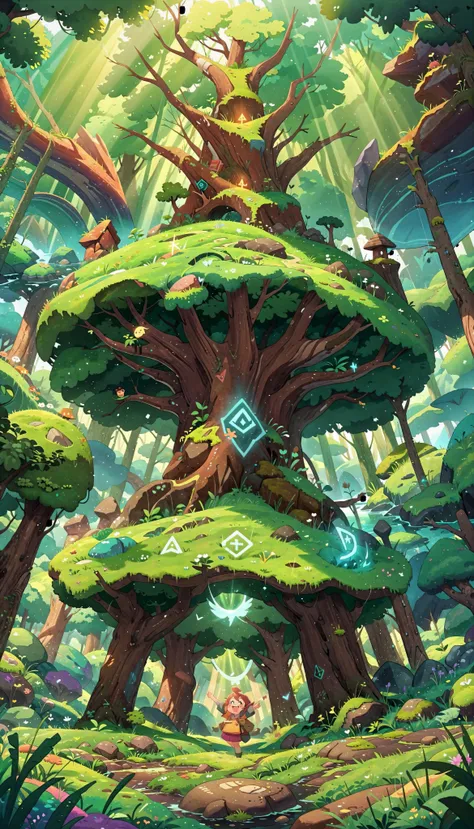 (promotional art:1.1), (masterpiece, best quality:1.2), (fantasy landscape that shows Yggdrasil above and field below:1.2), (from below:1.2), cute, enchanted nature, (arcane rune:1.2), river, moss, (rainbow:0.90), (dusty sunbeam:1.1), (centered composition:1.1), highres, absurdres, 1girl (jumping:1.1), face <lora:add_detail:-0.3>