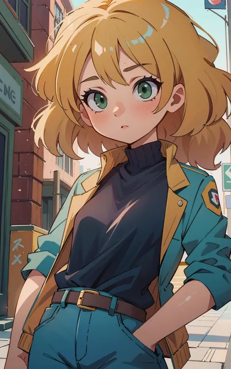 (masterpiece, top quality, best), 1girl, green eyes, curl blonde hair,
long face, jacket, cowboy suit, belt, detective, cool,
shot, on the street,
light background, <lora:Ever garden:0.2>