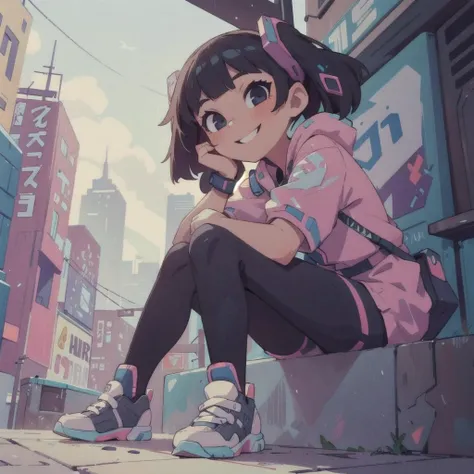 masterpiece,best quality,1girl,pop,stylish pose, cool,street fashion,colorful,trademark pose,from below,sitting,dutch angle, cyber punk, (frown:0.8), (smile:1.2),(teeth:0.8) <lora:add_detail:1>