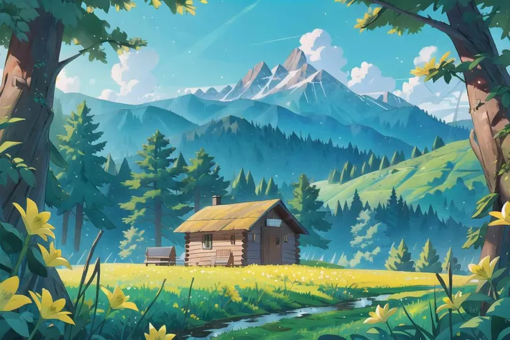 masterpiece, best quality, landscape, cabin, nature, forest, mountain, blue sky, yellow flowers