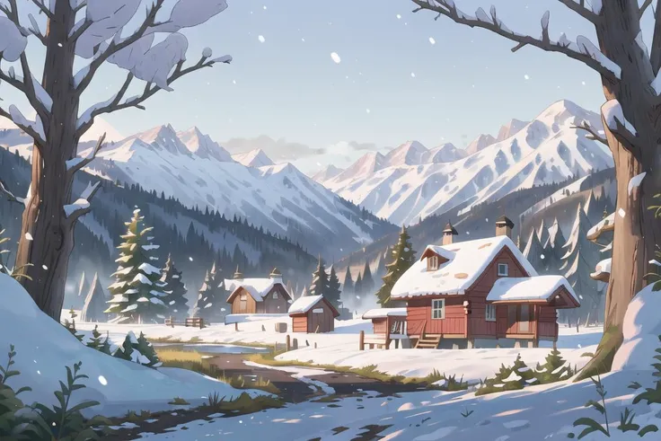masterpiece, best quality, landscape, snow, snowy mountains, morning, trees, cabin