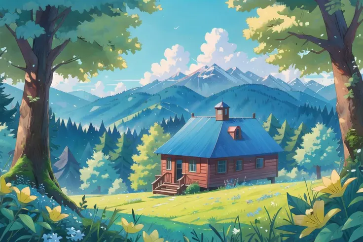 masterpiece, best quality, landscape, cabin, nature, forest, mountain, blue sky, yellow flowers