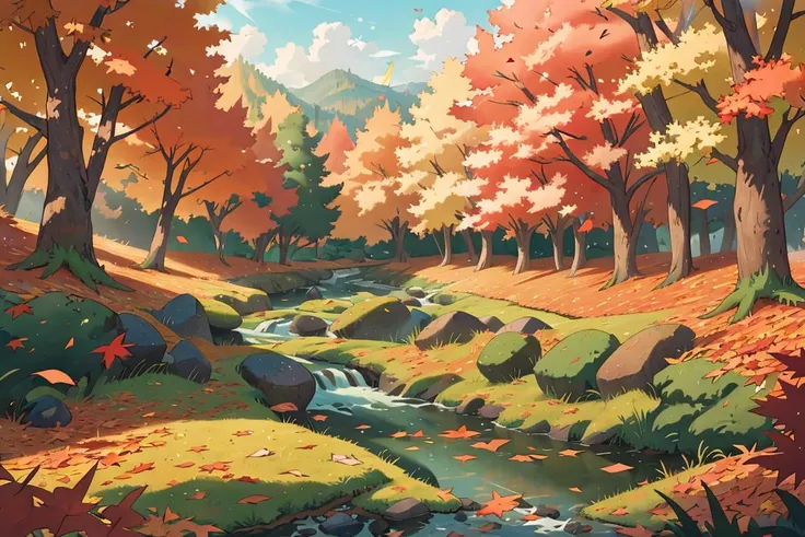 masterpiece, best quality, landscape, nature, fantasy, dreamy, autumn leaves, river