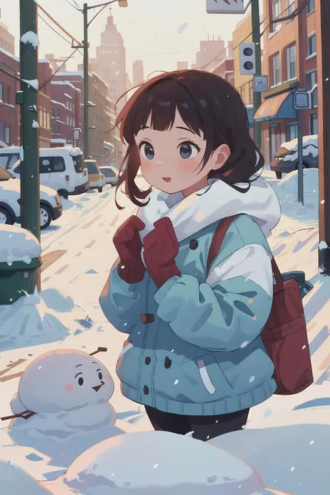masterpiece,best quality,1girl,snow,city,playing,
