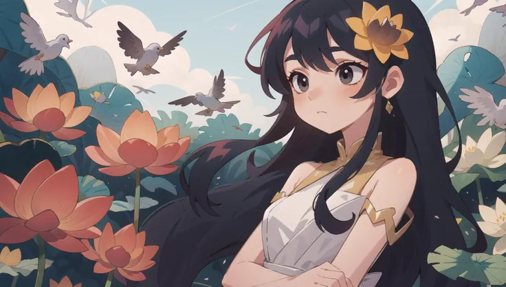 (masterpiece, top quality, best quality),1girl,long hair,bird,flower,black hair,lotus,solo,hair ornament,dress,bare shoulders,very long hair,upper body,eyeshadow,