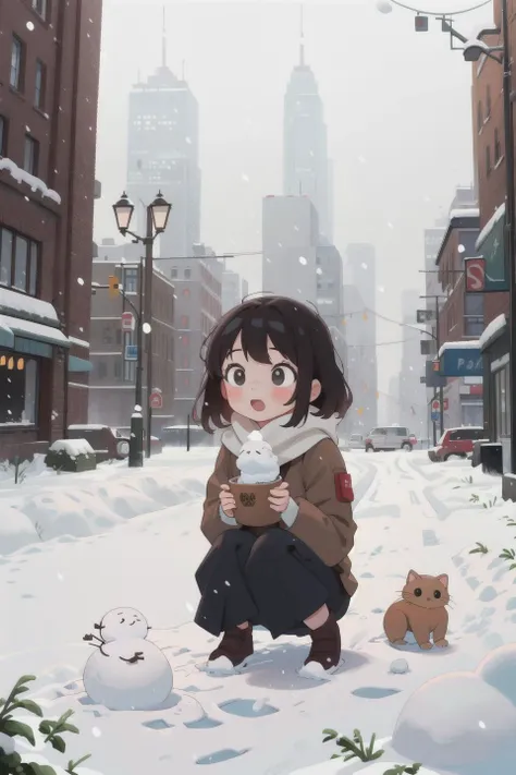 masterpiece,best quality,1girl,snow,city,playing,