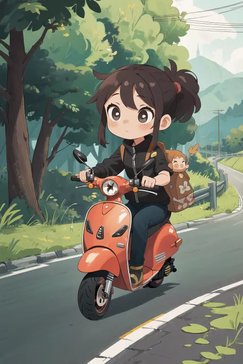 masterpiece,best quality,1girl,road,scooter,chibi,motorcycle