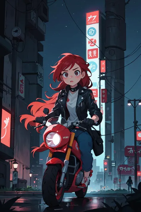 young woman in leather biker clothes, riding motorcycle, long red hair, future neon cyberpunk tokyo cityscape, night sky, lamppost, fog, dramatic cinematic lighting, rimlight, sparkles, high quality, best quality, absurdres, <lora:epiNoiseoffset_v2:0.7>
