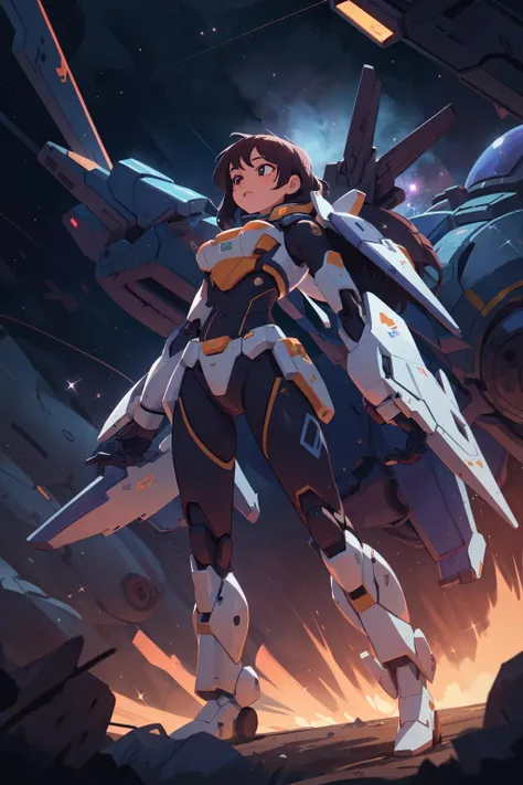 young woman in mecha suit, in space, dark colorful nebula background, dramatic cinematic lighting, rimlight, sparkles, high quality, best quality, absurdres, <lora:epiNoiseoffset_v2:0.7>