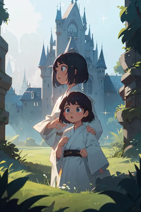 2girls, white kimono with gold intricate details, magnificent epic castle garden, dappled sunlight, fog, dramatic cinematic lighting, rimlight, sparkles, sunbeam, depth of field, high quality, best quality, absurdres