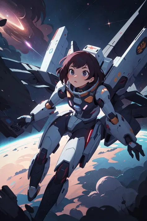 young woman in mecha suit, in space, dark colorful nebula background, dramatic cinematic lighting, rimlight, sparkles, high quality, best quality, absurdres, <lora:epiNoiseoffset_v2:0.7>