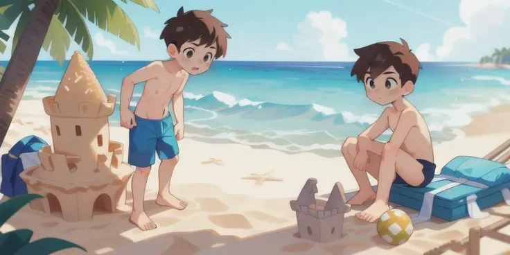 2boys, brothers on a beach, speedo, shirtless, summer, sand castle