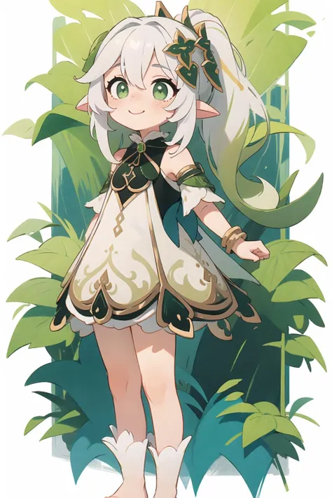 ,
nahidadef, <lora:nahida1:1>,
pointy_ears, green_eyes, white_hair, single ponytail, hair_ornament, hair_between_eyes,
flat_chest,
smile,
while dress,
barefoot,, ,
forest,
((arms at sides)),
(best quality), ((masterpiece)), (highres), original, extremely detailed wallpaper,shiny, chromatic aberration abuse, detailed background, vivid color, (highly ultra detailed face and hair and skin and eyes and finger and cloth and background and hair:1.2),