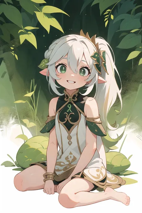 ,
nahidadef, <lora:nahida1:1>,
pointy_ears, green_eyes, white_hair, single ponytail, hair_ornament, hair_between_eyes,
flat_chest,
smile,
while dress,
barefoot,, ,
forest,
((arms at sides)),
sitting,
(best quality), ((masterpiece)), (highres), original, extremely detailed wallpaper,shiny, chromatic aberration abuse, detailed background, vivid color, (highly ultra detailed face and hair and skin and eyes and finger and cloth and background and hair:1.2),