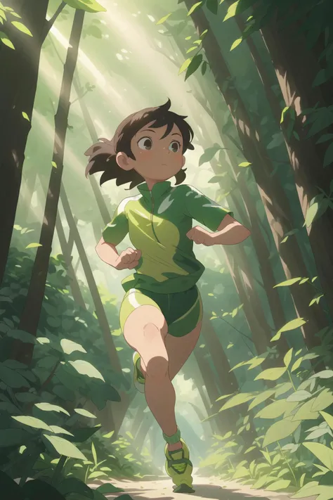 In the flourishing forest, a woman clad in lightweight athletic attire gracefully and agilely runs. Sunlight filters through the leaves, casting dappled shadows as she seamlessly merges with nature, breathing in the fresh air and relishing the tranquility of the running trail.