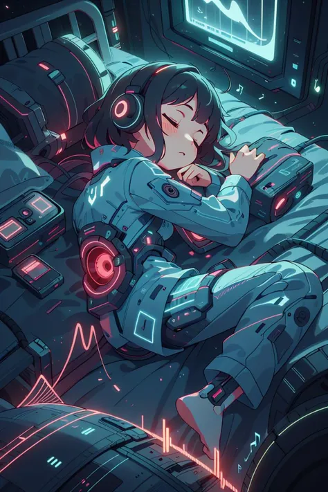 <lora:NaviSoundwaveTech:0.8> soundwavetech ,scifi, glowing frequencies, digital music,
, 1girl, sleeping, on back, bed, pajamas , from above,
