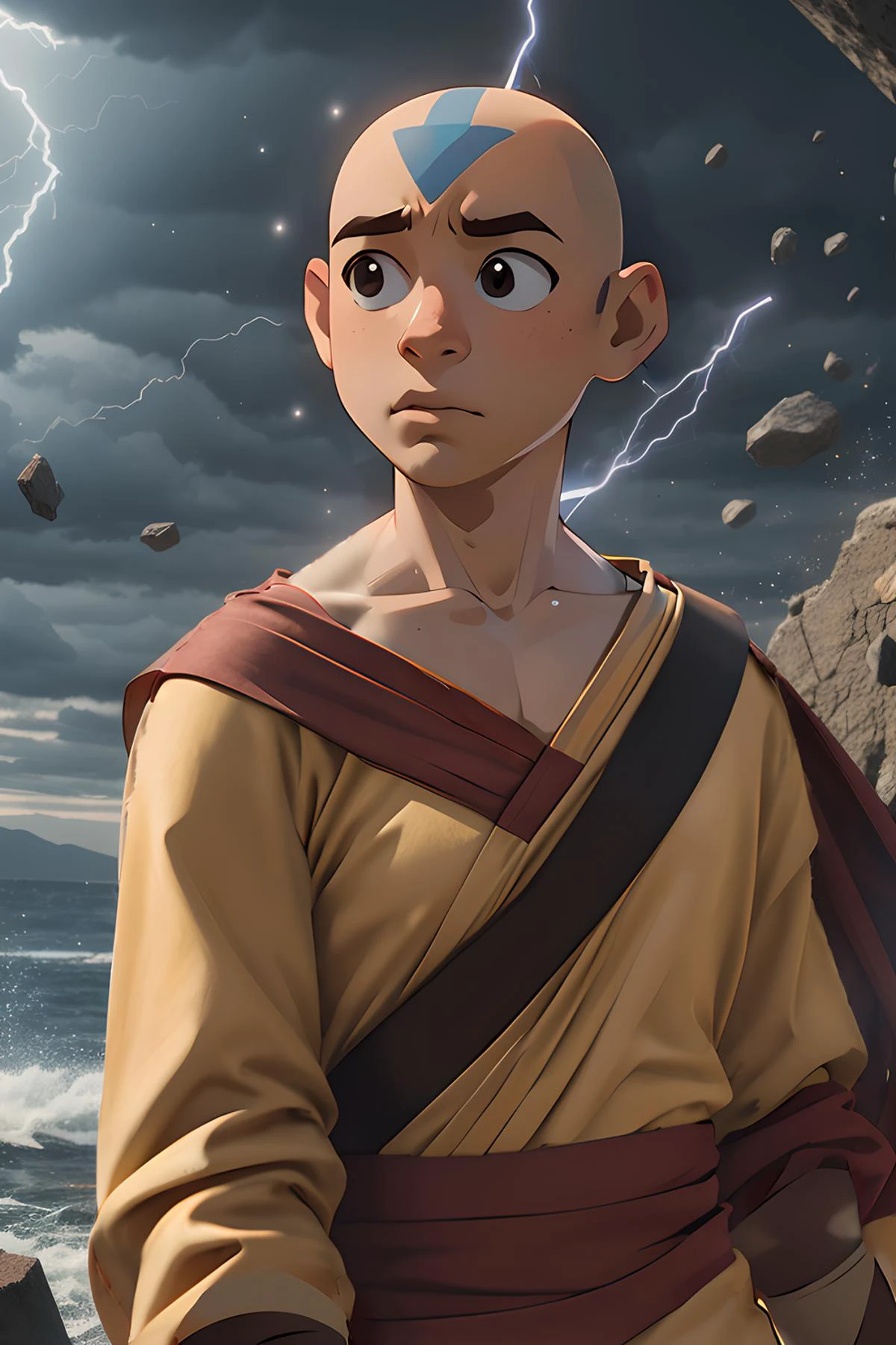 Avatar, Aang, monk, monk clothes, yellow clothes, bald, epic, dynamic, epic scene, cinematic, dramatic lights, motion blur, flying rocks, particles in the air, dynamic background, (Style-DoF:1.1), (Style-DA:1.2), <lora:aang_avatar:0.8>, detailed face, perfect face, perfect anatomy, upper body, high detailed, high quality, masterpiece, perfect, intricate detailes, aesthetic