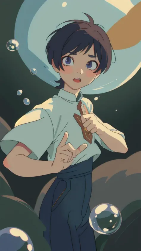 nice face, detail face, big eyes, detail eyes ,1boy, bokeh, bubble, depth of field, lips, navel, pantyhose, pointing, pointing at viewer, realistic, solo, <lora:realistic:0.4> , <lora:scaramouche:0.9>