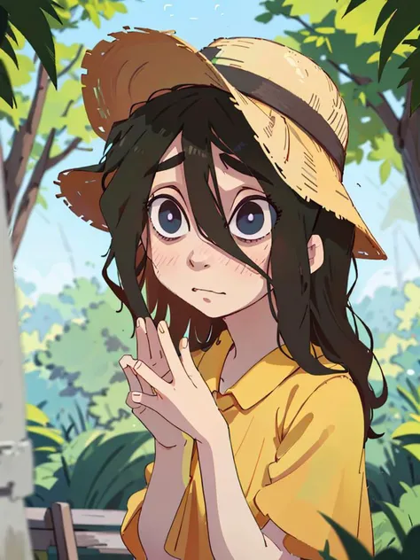 Octane, volumetric light, warm sunny day, surprised, !, hands on face, hair on eyes, dutch angle, great background, vibrant colours, masterpiece, (masterpiece, absurdres), 1girl, asakura, closed mouth, solo, sun hat, yellow dress, beautiful, trending in artstation, (masterpiece, best quality, finely detailed,), natural light, 1girl
<lora:AsakuraST-000006.TA_trained:1>