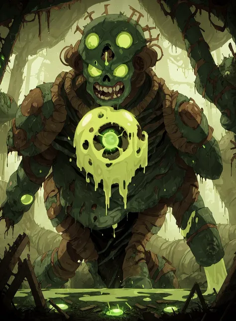 Ultra-High Definition Nuclear Toxic Monster Object radioactive core, glowing green ooze, toxic waste barrels, hazardous warning symbols, cracked and corroded metal, pulsating energy veins, eerie, fluorescent lighting, bubbling toxic slime, glowing cracks, biohazardous materials, intricate rust and decay, luminous radioactive symbols, dark and foreboding atmosphere, high contrast, dramatic shadows, toxic green haze, NuclearHazard, ,<lora:nuclearhazard_Xl:1>
