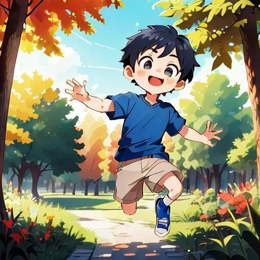 <lora:bbtbs:1> bbtbs,1boy, jumping in the air, happy, joyful, forest, park, vibrant colors, red trees, sunny day, best quality