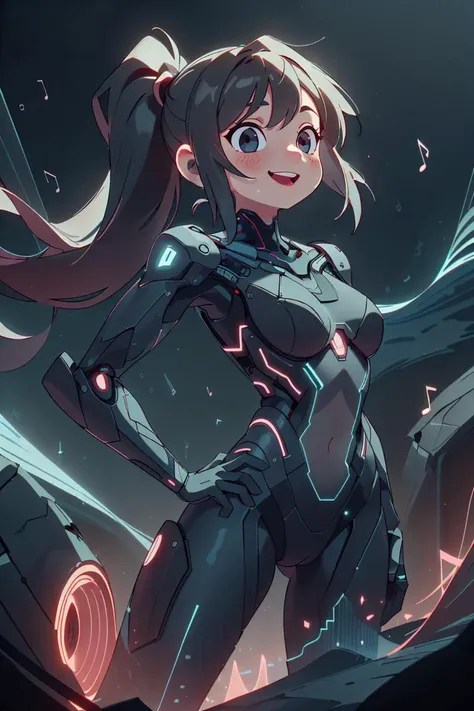 <lora:NaviSoundwaveTech:0.8> soundwavetech ,scifi, glowing frequencies, digital music, <lora:StealthTech:0.6> stealthtech ,
, 1girl, standing, hand on own hip, , contrapposto,, long hair, simple background, smile, side ponytail, black background, looking at viewer,