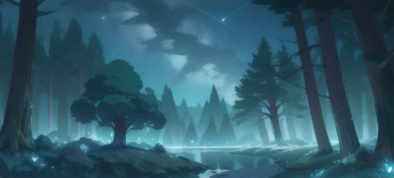 Night time, night sky, many stars, lots of stars, stars are vibrant, vivacious vibe, calm aesthetic, forest, mythical trees, green trees, mountains, inspired by the stylistic influences of trendsetting artists like Wlop, Greg Rutkowski, Makoto Shinkai, and Studio Ghibli, spacious and beautiful, high quality, high resolution, intricate detail, cinematic composition, lighting extremely detailed, landscape view, sparking river, glowing stars