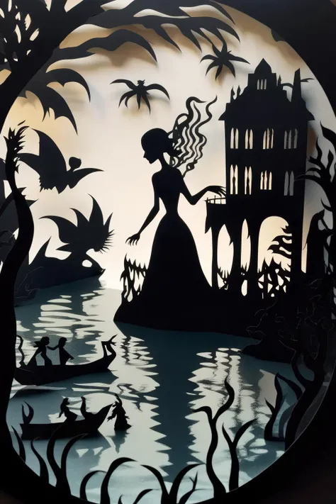 <lora:Lotte Reinige Style:1>Lotte Reinige Style - a water ghost in style of lotte reiniger paper cut silhuette