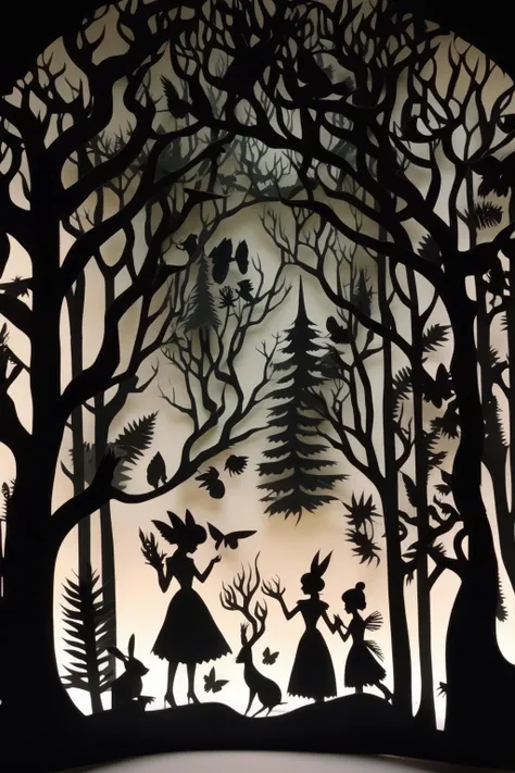 <lora:Lotte Reinige Style:1>Lotte Reinige Style - a magical forest in style of lotte reiniger paper cut silhuette