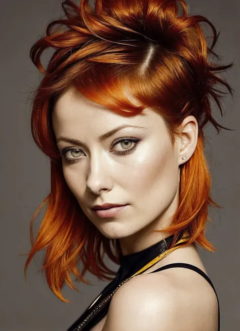 portrait of sks woman by Flora Borsi, style by Flora Borsi, bold, bright colours, orange Mohawk haircut, ((Flora Borsi)), <lora:locon_olivia_v1_from_v1_64_32:1.3>