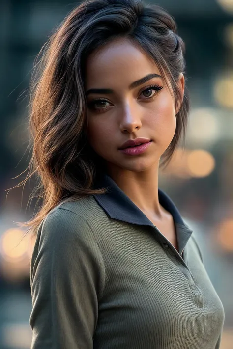 perfect cinematic shoot of a beautiful woman (EPD4n1T0rr3s:.99), a woman standing next to a (interesting city), perfect top knot , wearing sexy (Periwinkle  Polo Shirt, Khaki Pants :1.2), (people in background:1.1), (detailed background:1.1), (face focus), modelshoot style, (extremely detailed CG unity 8k wallpaper), professional majestic (photography by Axel Breutigam:1.1), 24mm, exposure blend, hdr, extremely intricate, High (Detail:1.1), dramatic, soft cinematic light, (looking at viewer), (detailed atmosphere), 8k, highly detailed, rich environment, 4k textures, soft cinematic light, elegant, ((((cinematic look)))), soothing tones, insane details, hyperdetailed,  ("Dreams into reality with SDKoh!":1.1), (epiCPhoto)