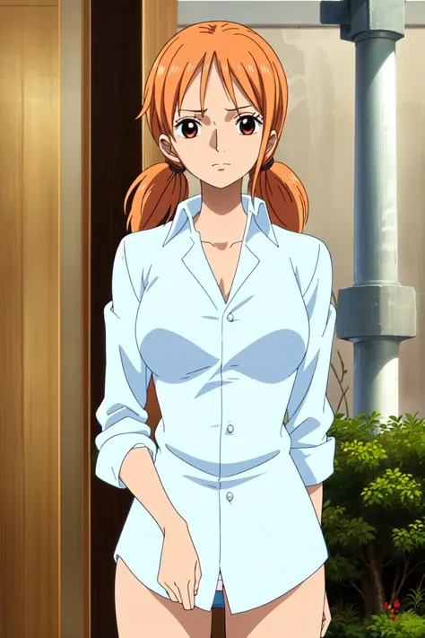 masterpiece, best quality, high quality, highres, absurdres, ultra-detailed, best anatomy, detailed eyes, perfect eyes, mature woman, namiEnd, no pants, pantless, 1girl, solo, shirt, twintails, brown eyes, white shirt, orange hair, short twintails, folded sleeves,  <lora:Nami_Strong_World:0.85>