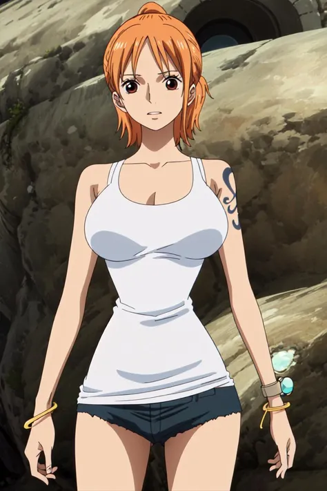 masterpiece, best quality, high quality, highres, absurdres, ultra-detailed, best anatomy, detailed eyes, perfect eyes, mature woman, namicasual, short shorts, short ponytail, white tank top, 1girl, solo, short hair, large breasts, cleavage, brown eyes, jewelry, orange hair, bracelet, tattoo, bangle <lora:Nami_Strong_World:0.85>