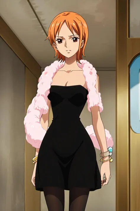 masterpiece, 最high quality, high quality, High resolution, Absurd, Super detailed, Best Anatomy, Fine grain, Perfect Eyes, Mature Woman, Nami Black Dress, One girl, alone, short hair, Cleavage, Brown eyes, Medium chest, Orange Hair, Boa Feather, Black Dress, bracelet, Bangles, pantyhose, Micro Mini Skirt