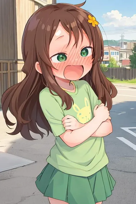 masterpiece, best quality,ultra detail,outdoor, hug,smile,blush,petite <lora:riko:0.7> riko, long hair, brown hair, green shirt, hair flower, green eyes, skirt,<lora:yudedako_v100:1.5>,lean back,open mouth,wavy mouth,<lora:largecirclemouth_v100:1.3>,