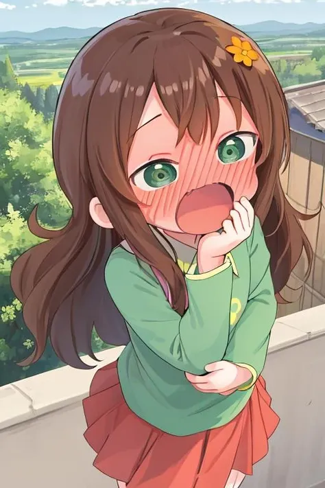masterpiece, best quality,ultra detail,outdoor, hug,smile,blush,petite <lora:riko:0.7> riko, long hair, brown hair, green shirt, hair flower, green eyes, skirt,<lora:yudedako_v100:1.5>,lean back,open mouth,wavy mouth,<lora:largecirclemouth_v100:1.3>,from above