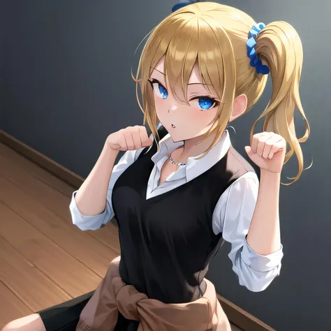 masterpiece, best quality, PP, paw pose, aahayasaka, side ponytail, medium breasts, necklace, collared shirt, black vest, sleeves rolled up, clothes around waist, black skirt