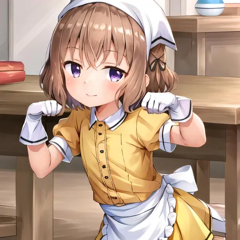 masterpiece, best quality, PP, paw pose, hoshikawa mafuyu, 1girl, black ribbon, eyelashes, flat chest, head scarf, hair ribbon, purple eyes, short hair, white apron, ((white gloves)), white thighhighs, skirt, stile uniform, yellow skirt,