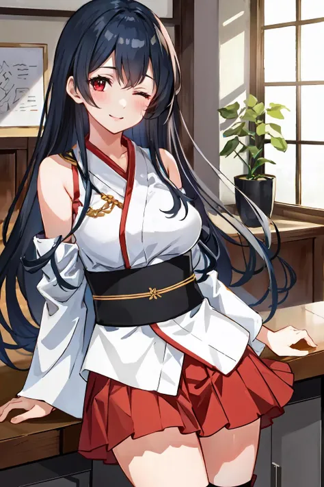 (masterpiece, best quality, illustration, delicate details, 8K:1.2), (studio light, best shadow, picturesque), (KonishiCSA:0.7)|(KujouCSA:0.3),
BREAK, (perfect anatomy), (symmetric eyes, perfect eyes, detailed eyes:1.2), (sharp eyeliner, finely detailed beautiful face), (red eyes),
BREAK, nice hands, perfect hands, hand by Guido Daniele,
BREAK, 1girl, solo,
BREAK, FusouKC , (FusouKC) japanese clothes, (red) hakama short skirt, (white) socks, tabi, sash, obi, bare shoulders, wide sleeves, (detached sleeves) nontraditional miko,
BREAK, cowboy shot, looking at viewer, facing to viewer, smile, (indoor, office, living room), (one eye closed),
BREAK, <lyco:hands:1>, <lora:CSA-v0.1:0.55>, <lora:Fusou-08:1>